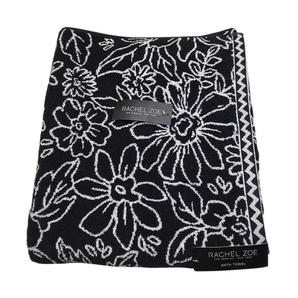 Rachel Zoe Black Ecru Floral Reversible Cotton Towel Set 4pc 2 Bath 2 Hand